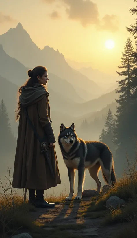 Create a beautiful, serene image of the character Arya Stark from Game of Thrones, standing at the edge of a forest. She is wearing a simple, travel-worn brown cloak with her signature sword, Needle, strapped to her side. Arya is gazing out at the horizon,...