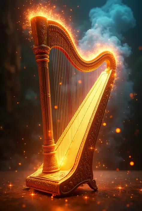 full image, magical musical instrument exuding colorful vapor and sparks, elegant golden harp, intricate details, ornate design, glowing strings, warm and bright lighting, soft and glowing aura, fantasy art style, dreamlike atmosphere, cinematic lighting, ...