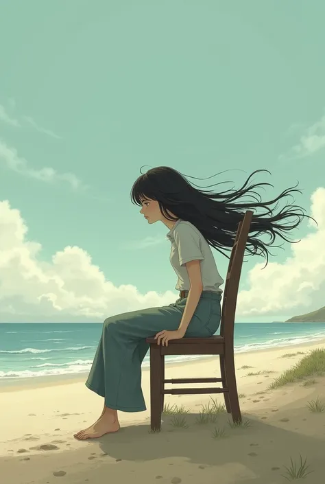 Create a 2D image of a girl sitting lonely on a chair on beach with her hair are flying with wind make it animate 