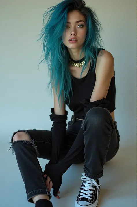  wearing a black tank-top and black jeans with black knee-high socks, white sneakers. long, wavy, messy-looking blue hair, and deep blue eyes. 