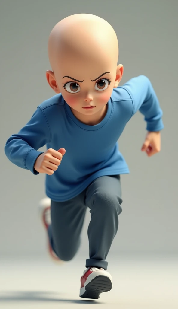 Realistic Saitama face and head bald, a young man who is wearing blue shirt, running pose, 4K super realistic. 3D render Anime photorealistic .