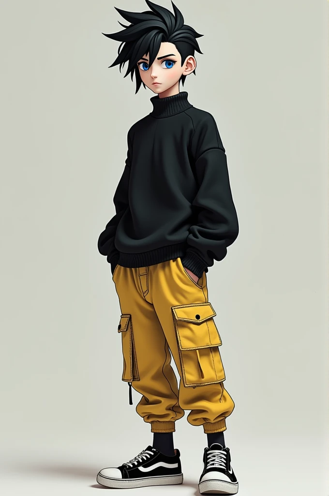 Black wolfcut hairstyles,dark blue and sky blue eyes,510,black and white shoes,black mock neck sweater,and yellowish and white cargo pant. Fair skin,Attractive ((a boy)) ((3/4))