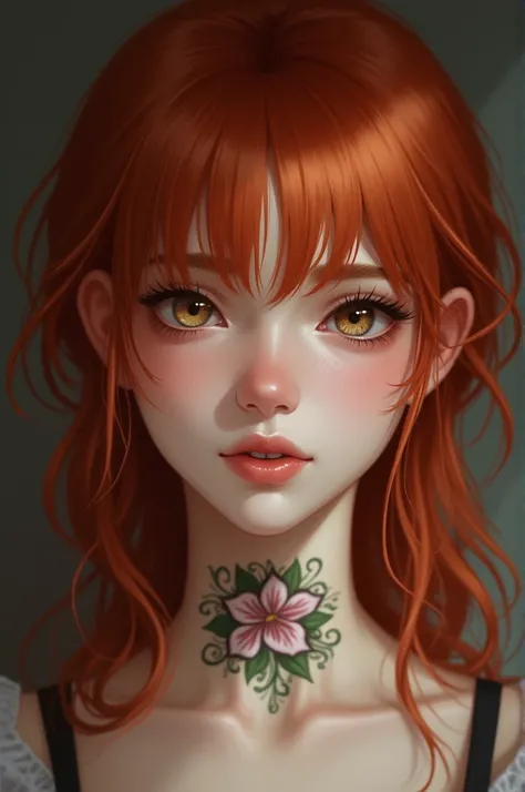 Face of a young girl of approximately 20 years old red hair  ,  light brown eyes  ,  with shaded flower tattoo on her neck and lower lip piercing 