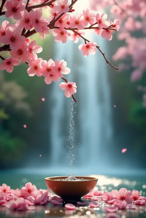 (Flowers and Droplets): "A stunning, ethereal scene featuring pink blossoms on delicate branches with intricate water droplets hanging and falling gracefully. The background showcases a soft-focus waterfall and lush greenery, adding a magical and serene am...