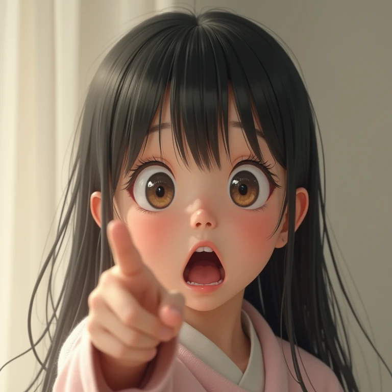 Photo Japanese girl shocked, gaping, big eyes, Point your finger to the left, realistically