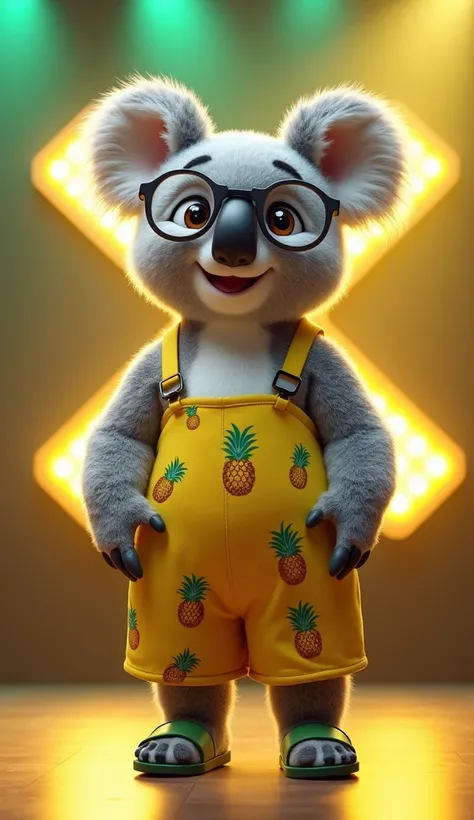 A tall and chubby humanoid koala,  fabric with light gray fur and large round glasses . Ele vestand the mesmo vestido amarelo com estampas de abacaxi e sandálias verdes. he is standing, smiling at the camera,  on stage with yellow and green lights , and th...