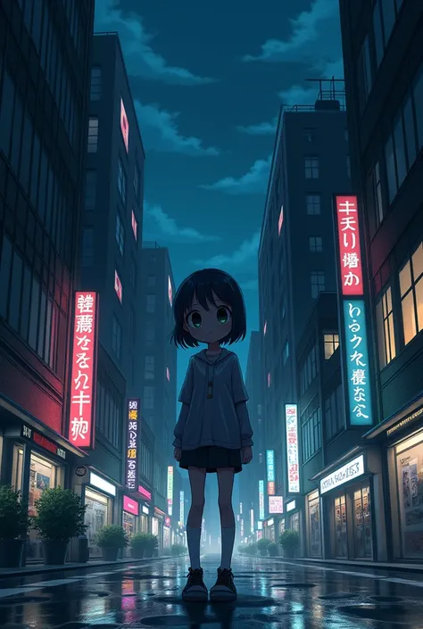 Anime girl alone on the street in a city at night 