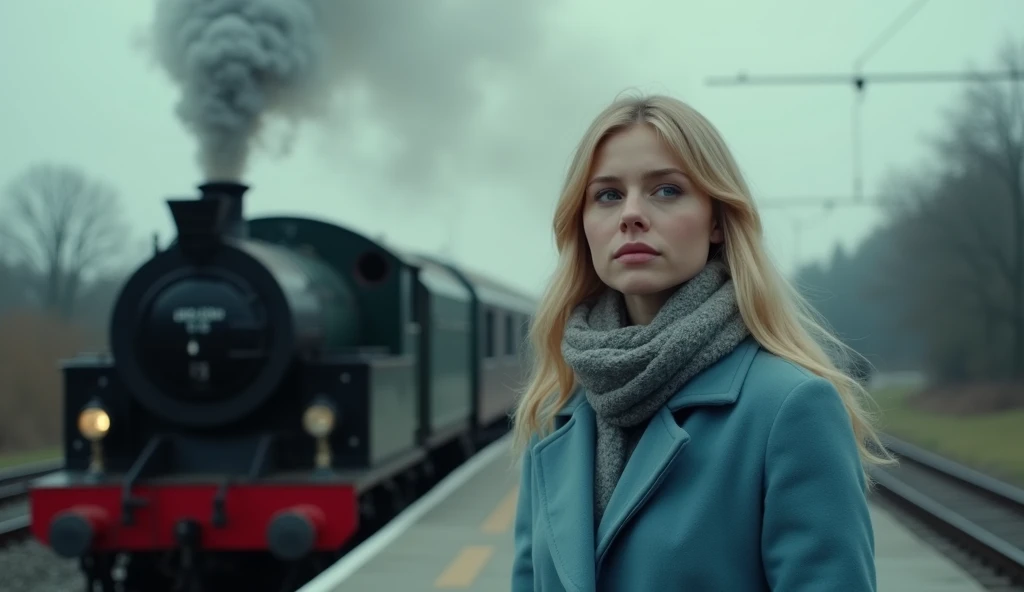 A cinematic shot of a female gender, european origin, young-adult age, blue eyes, slim body type, straight hair type, blonde hair color, standing on a train platform, dressed in a soft blue coat and a scarf. Her face reflects bittersweet emotions as she wa...