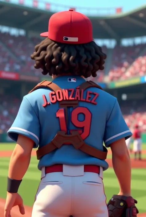 Baseball player like Catcher animated with him with curly hair, red cap, blue shirt with a red cardinal and on his back the .Name J González the number 19