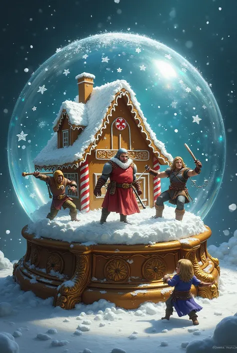 a huge snow globe with a gingerbread house inside and characters from dungeons and dragons trying to get out of the globe 
