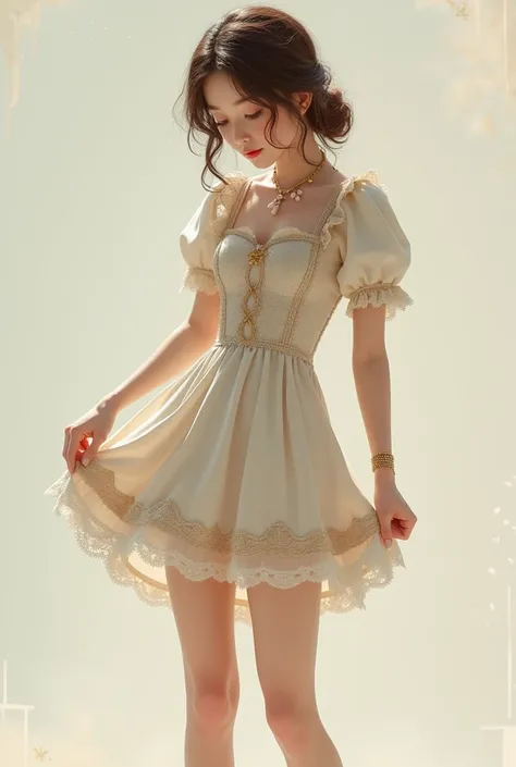 A pretty young girl dressed in a bodice and a short skirt ,  touches the hem of her skirt with her hand to try to stretch it over her legs dressed in white socks .