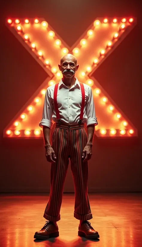 A thin man, middle-aged,  completely bald and with a thin mustache . he wears a white shirt,  Red suspenders ,  colorful striped pants and bright brown shoes . He is standing,  looking directly at the camera with a shy smile.  The stage is illuminated with...