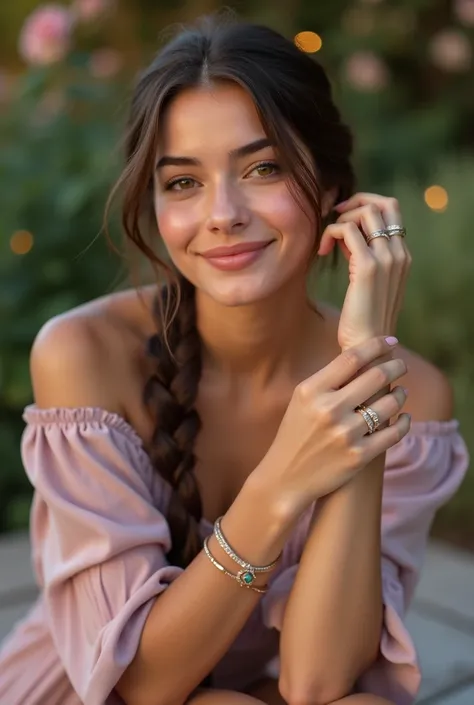 Create a high-resolution, realistic photograph of a Brazilian woman dressed modestly and charmingly for a romantic date. She is accessorized with a single delicate bracelet on one wrist and subtle, minimalist rings on one or two fingers, adding an understa...