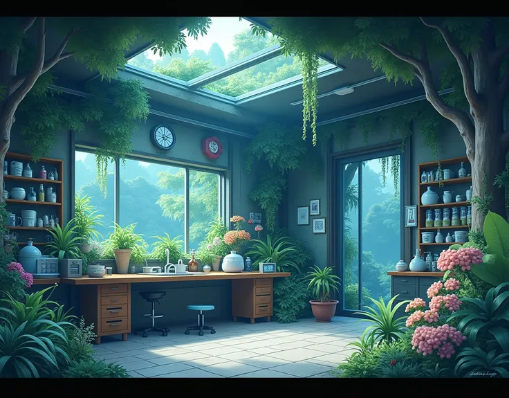 `spooky lab, inspired by senior environment artist, pixiv, maximalism, (so many plants), soft cute colors, detailed wide shot, Kyoto Animation Studio anime style 4 k, serene illustration --ar 16:9 --niji`