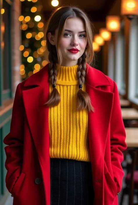 Girl dressed in a yellow knitted sweater with black knitted skirt wearing a red coat with straght hair with a few small braids showing out of the hair and red lipstick, outfit for christmas brunch