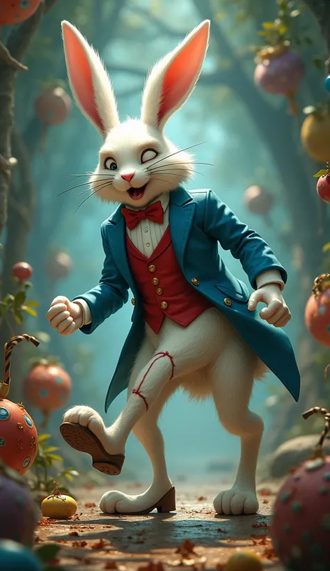 Then the white rabbit breaks his leg