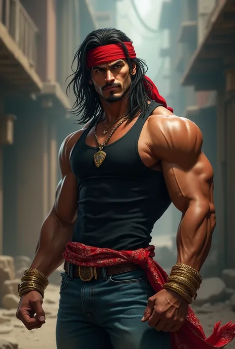 A muscular young man, with black hair going down to his shoulders, wearing a red bandana, blue jeans, black tanktop and golden bracelets. He has a cocky smirk on his face