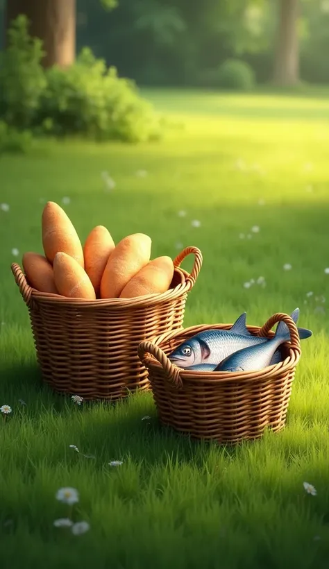  Create the image of two baskets .  In one of the baskets there are 5 loaves. In other, There are 2 fish . The baskets are on a lawn