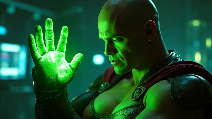 An ultra-realistic and high-detail artwork of Lex Luthor, a bald, menacing supervillain wearing a futuristic armored suit with a glowing Kryptonite gauntlet, each finger emitting a radiant green light. Lex Luthors expression is sinister as he dominates the...