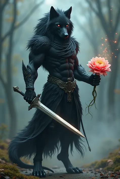 A black wolf. With a sword in one hand and a flower in the other. And its tail will be like a snake. And its body will be like a human.