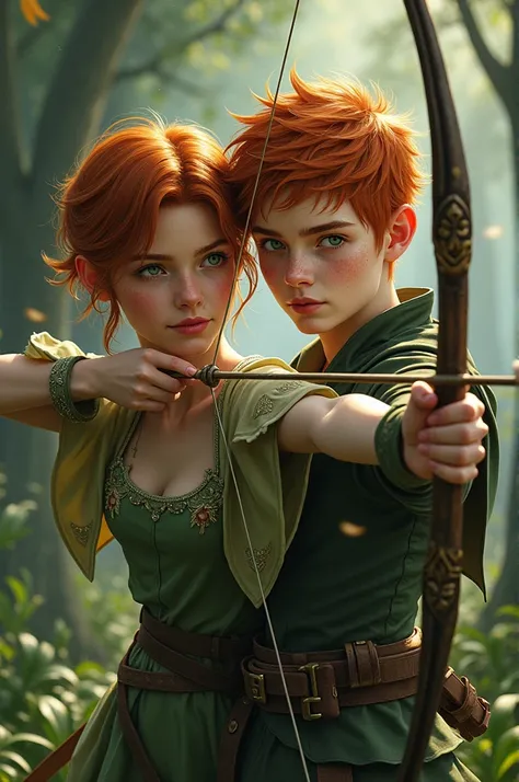 An attractive Fae woman, 22 years old, Redhead, with freckles,  short and messy hair ,  green eyes, dressed as an archer ,  athletic and slim build , With his bow and arrow,  with his twin brother , 22 years old,  An attractive man has , redhead, with frec...