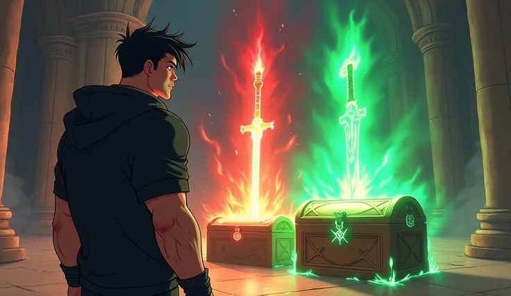 Anime-style illustration of a confused muscular boy in a black hoodie facing two treasure chests: one holds a glowing red sword with a fiery aura, the other a glowing green staff with healing symbols. A large green cursor points to the staff; in a castle