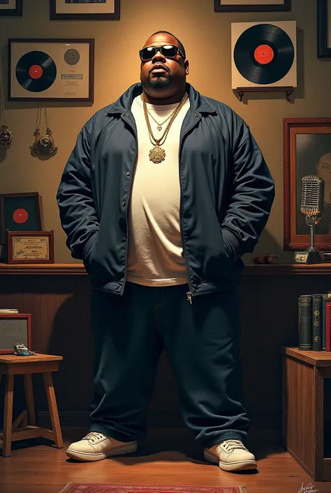 IMAGE OF BIGGIE IN A CLASSIC POSE, SURROUNDED BY HIP-HOP SYMBOLISM LIKE VINYL, MICROPHONES, AND AWARDS.