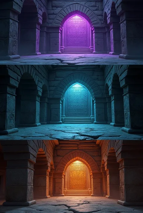 Lost City of Atlantis walls, 1st is a normal variation, 2nd variation is a wall with purple’ish glow and more details, 3rd variations has much more detailed walls and glows orange, Glyphs of Serpents, slightly tilted camera