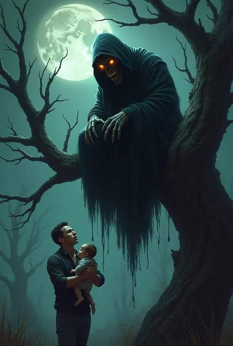 A scary witch on a tree branch looking down at a man holding a baby at night 