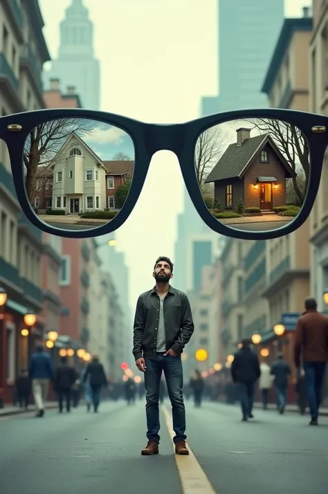 I would like to create a photo collage with a man on the street looking at a giant pair of glasses with the hospital in one eye and a cottage in the other eye