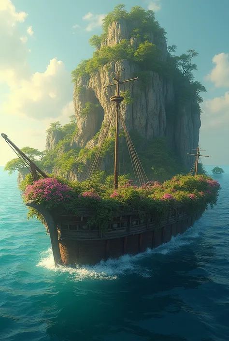 wrecked ship against an island floating in the middle of the sea with flowers on ship

