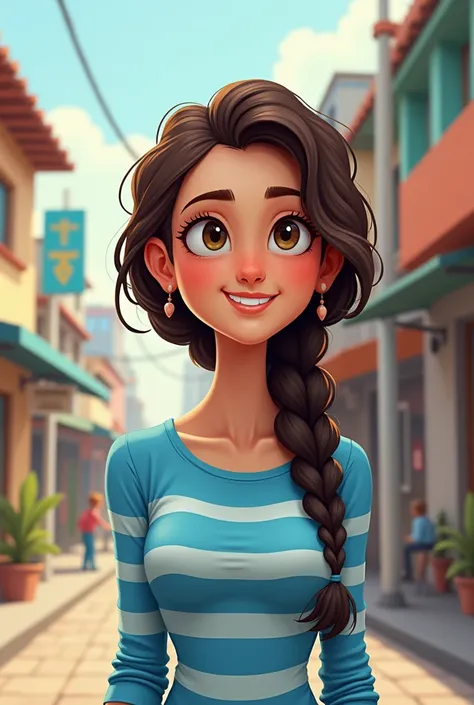 The braided woman on the right, smiling, wearing a blue-and-white horizontal striped shirt with long hair, is a cartoon.