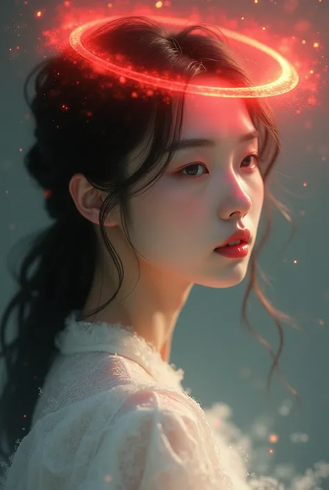 Korean woman with a red halo above her head 