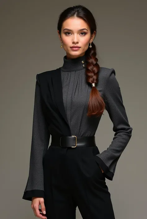 

For October’s high-end elegant street fashion, the model wears a stunning **full-sleeve jumpsuit** that blends **charcoal grey** and **deep black** for a sleek, modern look. The jumpsuit features a tailored silhouette with a high neck, and the body is ma...