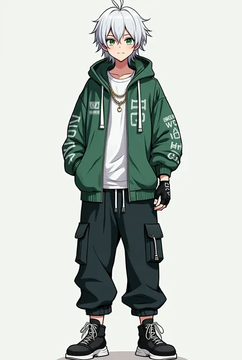 A male anime character age 22 with medium long  airy white hair, green eyes, wearing drip jacket,      drip pants, Drip shoes, drip chain, wearing half.      gloves, 