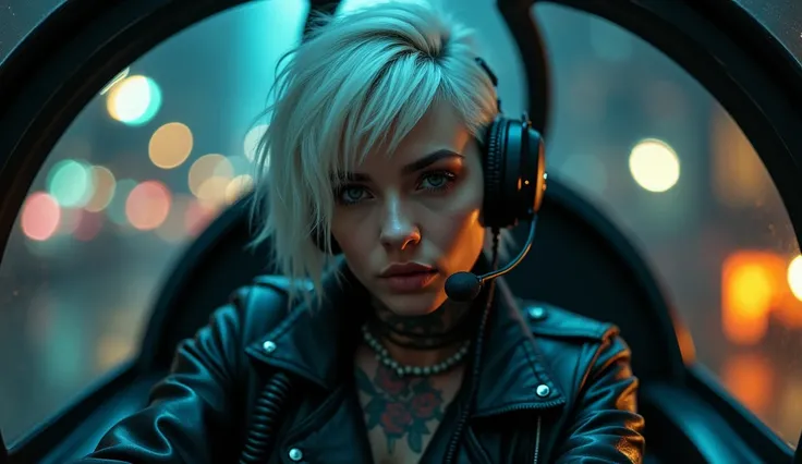 MATURE 38 years old woman, ukrainian,  A PUNK pilot MATURE woman (38 years old ) is sitting in her spinner flying engine, white punk short HAIR, TATOO, NIGHT, (masterpiece:1.2,Exceptional Quality,mirror-like,cinematic experience),8k,wallpaper,Ray Tracing,(...