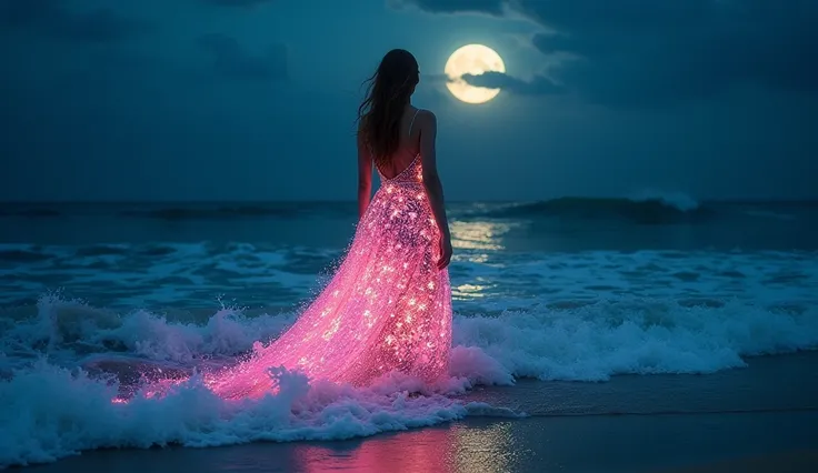 Beautiful ocean goddess standing in the ocean, her glowing floral patterned dress transforms into swirling neon in the ocean foam of the gentle waves lapping at the beach, dark night with the moons reflection sparkling on the ocean water, Dreamy, art by Ca...