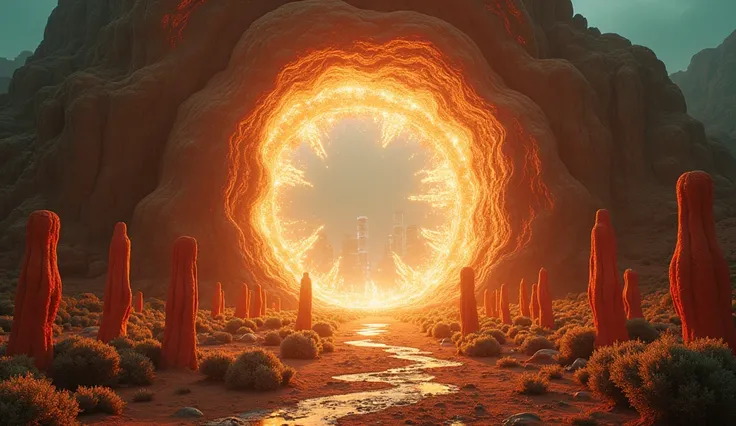 "A glowing, intricate, interdimensional portal in the middle of a desert, surrounded by alien flora that pulsates with light, with a view of a parallel, upside-down cityscape inside the portal, ultra-realistic, cinematic 8K."

