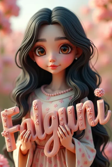 a picture of 3D cute girl with long black hair wears flower blouse is holding big letters of FALGUNI