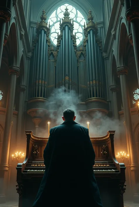 A dark man playing organ