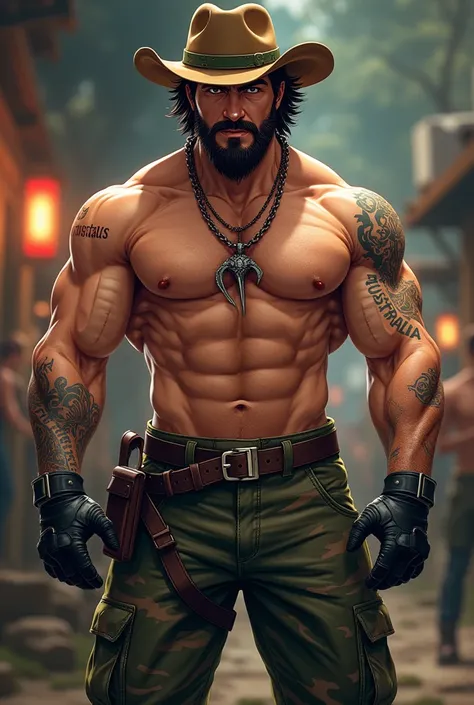 a man, hunter,  anime style, 30 YEARS, muscular.  shirtless , a tattoo that says  "australia", cowboy hat,  black gloves,  dark brown hair , Beard and mustache,  pants and boots with camouflage , On the neck a necklace of crocodile fangs,  a smile of super...