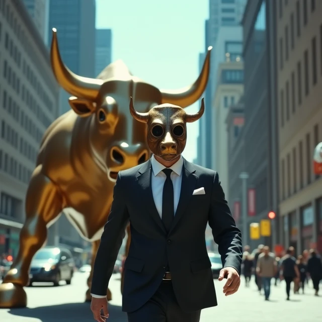 The image shows a man in a suit and sunglasses walking on a busy street in New York City. He is wearing a mask with a bulls head and horns on his head. The man is walking past a large statue of a bull, which is standing on its hind legs. The statue is gold...