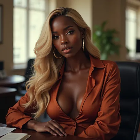 African skin black woman, blonde hair, long hair, huge tits, santin blouse, in office, realistic, cuvy, Brincos de argola gigantes, intense makeup,Obra-prima, Alta resolução, seduce, day light