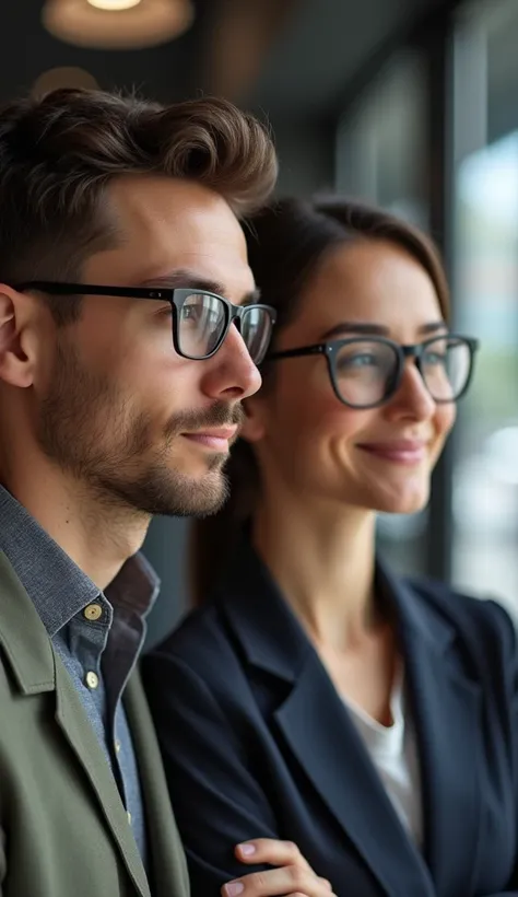  create an image of a father with his adult ren inside an optician of glasses, both wearing ,  grade glasses both with everyday clothes and in the background a scene of an optician , Include a saleswoman with work clothes