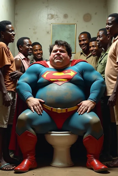 Superman  obèse assis sur les toilettes avec des africains qui le regardent en riant 
