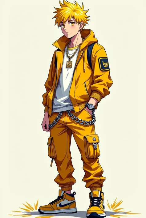 A male anime character age 23 with yellow meduim length spiky hair, yellow eyes, and drip shirt, drip hoodie, drip pants, Drip shoes, drip watch,            drip chain on his pants that say "Lyra" 