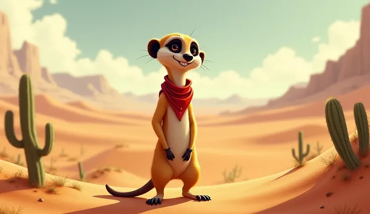 Meerkat A slim meerkat with dark eye patches, a red bandana, and a mischievous grin.)In the dessert 