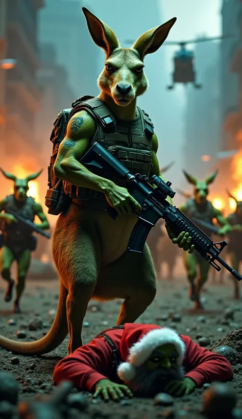 A hyper-muscular kangaroo standing in a war-torn nighttime setting, wearing a detailed military tactical vest, holding a modern assault rifle. The kangaroo has visible marine-style tattoos on its arms and shoulders, emphasizing strength and discipline. Beh...