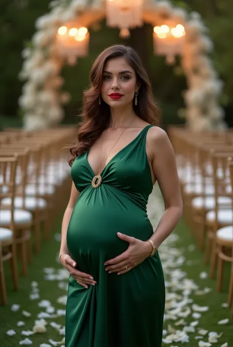  An ultra-realistic photo of a young woman ,  embodying sophistication and seduction . 6 months pregnant with her hand on her belly 
Her costume is a sensual satin dress , but elegant, without shoulders,  in deep emerald green ,  perfectly adjusted to high...