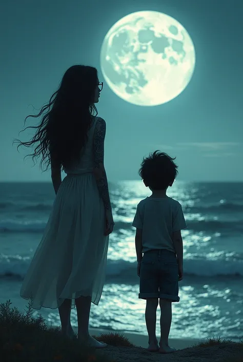  A woman wearing glasses with long wavy hair,  next to a dark-haired and tattooed boy , in front of the sea looking at the moon   (( best quality ))